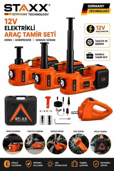 Staxx Premium Muhteşem Kriko Seti Elektrikli Kriko Kompresör Bijon Sökme ve LED Fenerli Full Set ürün görseli 1