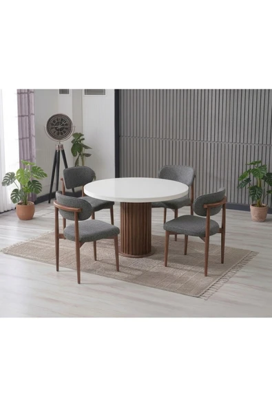 LİNA BOHEM 90x90 BEYAZ/AHŞAP YUVARLAK MASA & 4 POLO SANDALYE SETİ ürün görseli 1