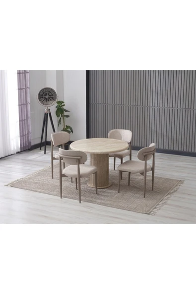 LİNA BOHEM 90x90 TRAVERTEN YUVARLAK MASA & 4 POLO SANDALYE SETİ ürün görseli 1