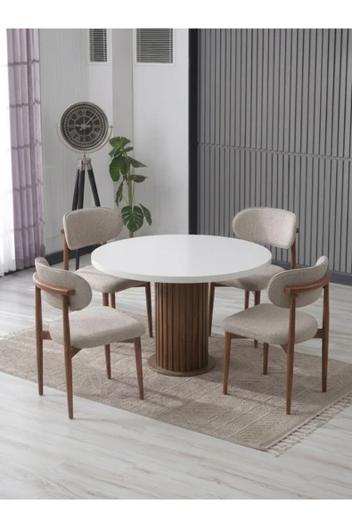 LİNA BOHEM 90x90 BEYAZ/AHŞAP YUVARLAK MASA & 4 POLO SANDALYE SETİ ürün görseli 1
