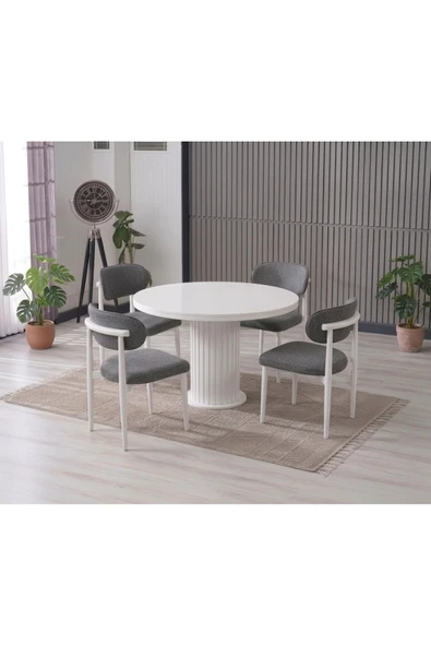 LİNA BOHEM 90x90 BEYAZ YUVARLAK MASA & 4 POLO SANDALYE SETİ ürün görseli 1