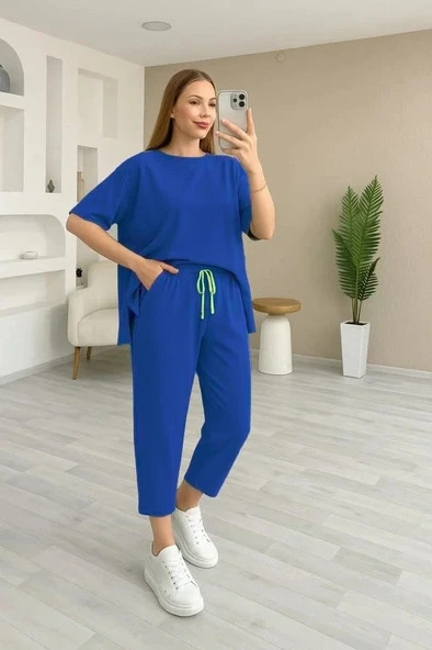 Kadın Kısa Kollu Bisiklet Yaka Viskon Iki Iplik Bluz Ve Pantolon Ikili Takım ürün görseli 1