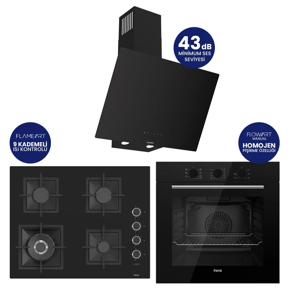 Flowart Turbolu Silenart Siyah Cam Ankastre Set ( 65 CM Woklu OCAK ) QBL62CS - SC405 - D077SA ürün görseli 1