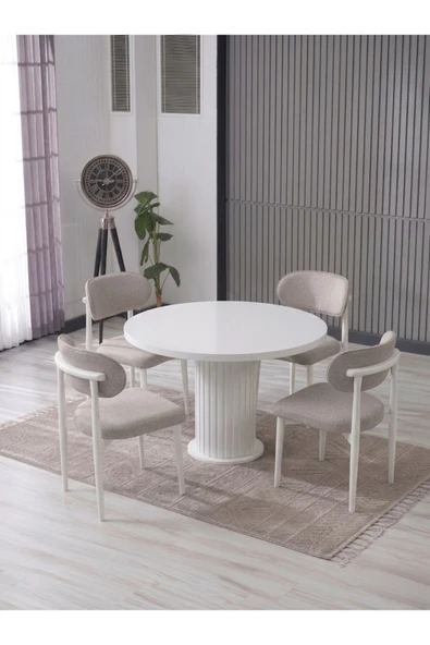 LİNA BOHEM 90x90 BEYAZ YUVARLAK MASA & 4 POLO SANDALYE SETİ ürün görseli 1