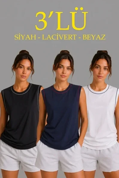 3’lü Kolsuz Sporcu Atlet Seti Yazlık Bisiklet Yaka - Siyah, Lacivert, Beyaz ürün görseli 1
