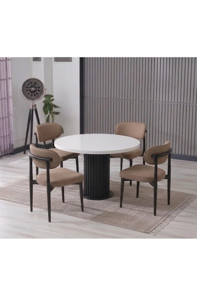 LİNA BOHEM 90x90 BEYAZ/SİYAH YUVARLAK MASA & 4 POLO SANDALYE SETİ ürün görseli 1