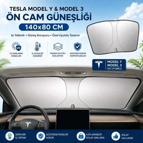 Polham 140x80 CM Tesla Model Y ve Model 3 İle Uyumlu Ön Cam Güneşliği, Isı Yalıtımlı Güneş Koruyucu ürün görseli 1