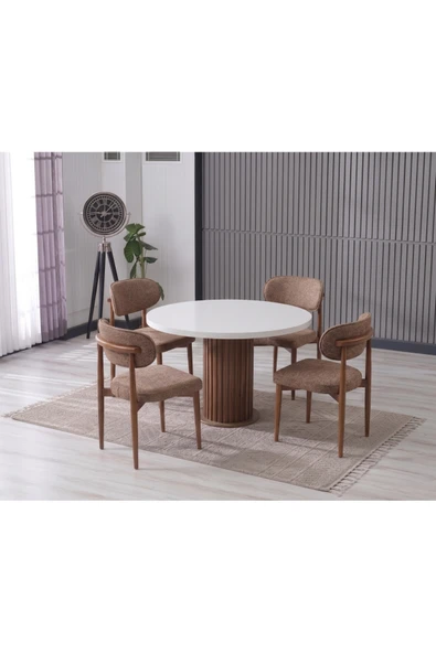 LİNA BOHEM 90x90 BEYAZ/AHŞAP YUVARLAK MASA & 4 POLO SANDALYE SETİ ürün görseli 1