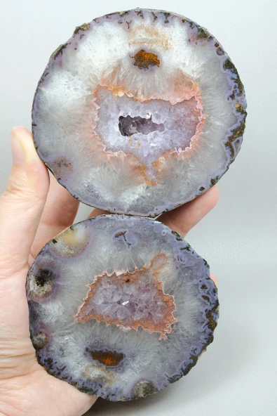 Parlatılmış Almus Akik Çifti Lavanta Mor Dantel Karadeniz Akik, Somon Pembe Kenarlı Ametist Kuvars Kristal Geode Nodülü ürün görseli 1