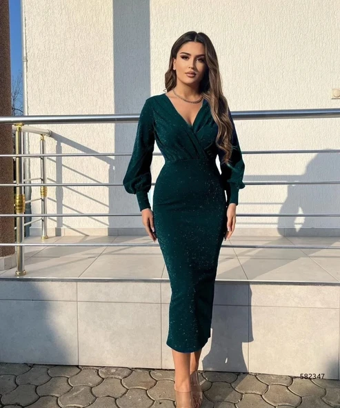 Kadın Uzun Kollu Kruvaze Yaka Büzgü Ve Balon Kol Detay Simli Krep Kumaş Maxi Boy Elbise ürün görseli 1