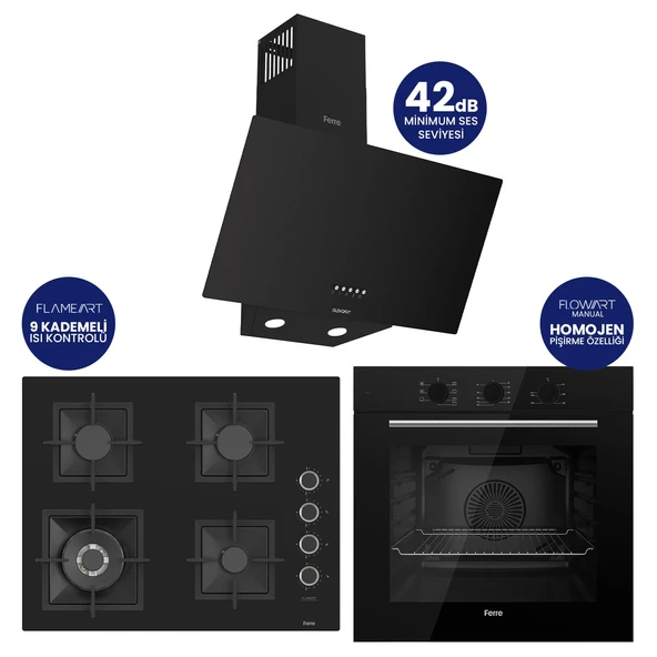 Flowart Turbolu Siyah Cam Ankastre Set ( 65 CM Woklu OCAK ) QBL62CS - SC405 - D086SA ürün görseli 1