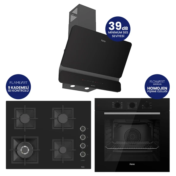 Flowart Turbolu Amörtisörlü Silenart Siyah Cam Ankastre Set ( 65 CM Woklu OCAK ) QBL62CS - SC405 - D080SA ürün görseli 1
