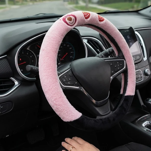 Mega Oto Market Universal Peluş Direksiyon Kılıfı Ayıcıklı Pembe Siyah Kaymaz Yumuşak 37-38 cm ürün görseli 1