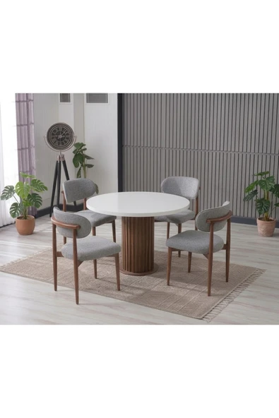 LİNA BOHEM 90x90 BEYAZ/AHŞAP YUVARLAK MASA & 4 POLO SANDALYE SETİ ürün görseli 1