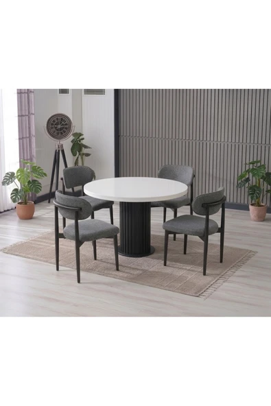 LİNA BOHEM 90x90 BEYAZ/SİYAH YUVARLAK MASA & 4 POLO SANDALYE SETİ ürün görseli 1