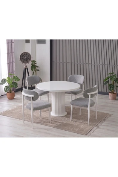 LİNA BOHEM 90x90 BEYAZ YUVARLAK MASA & 4 POLO SANDALYE SETİ ürün görseli 1