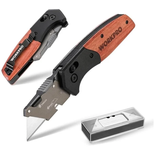 WORKPRO WP211035 Ağır Hizmet Çelik/Ahşap Gövde Katlanır Rötuş Maket Bıçağı + 11 Adet Yedek Bıçak ürün görseli 1