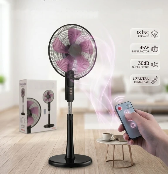 Geseus Uzaktan Kumandalı Sessiz Vantilatör - 45W %100 Bakır Motorlu 5 Kanatlı ürün görseli 1