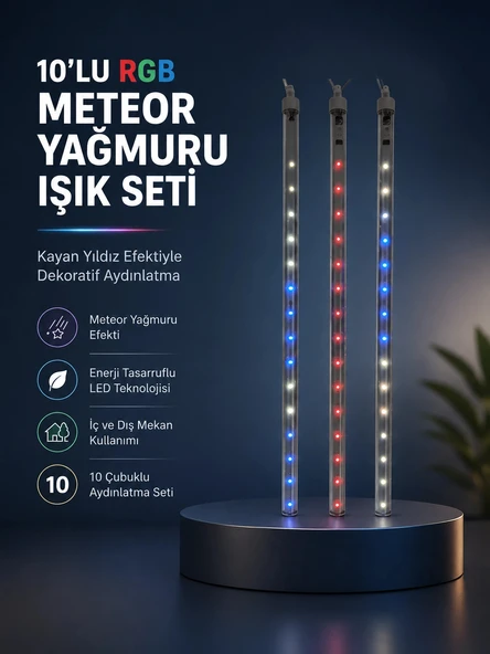 Dekoratif RGB LED Işık Çubuğu Seti 10 Adet Çubuk Kayan Yıldız Efektli ürün görseli 1