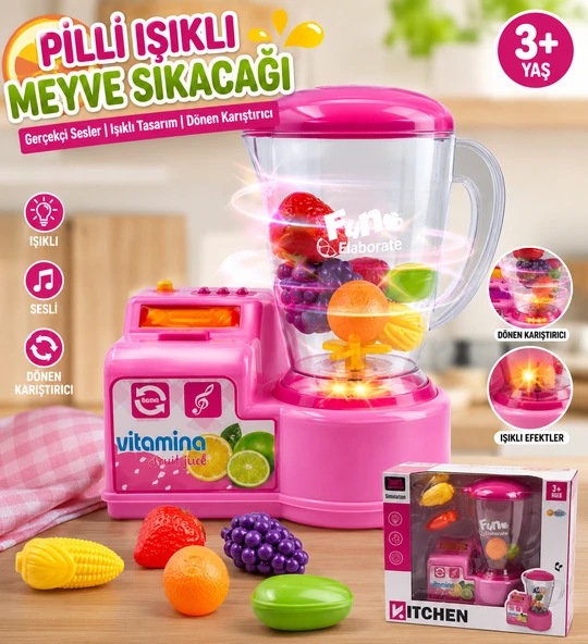 Pilli Işıklı Oyuncak Meyve Sıkacağı Blender Seti Sesli ve Dönen Karıştırıcılı Mutfak Oyuncağı ürün görseli 1