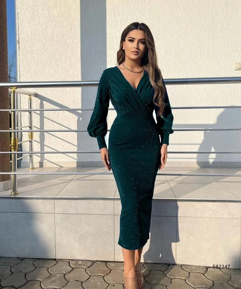 Kadın Uzun Kollu Kruvaze Yaka Büzgü Ve Balon Kol Detay Simli Krep Kumaş Maxi Boy Elbise ürün görseli 1