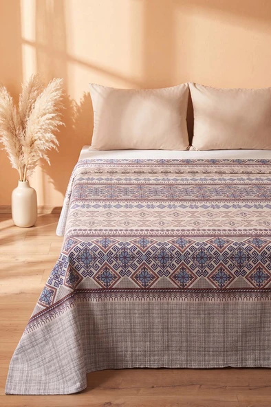 İndigo Etnik Desenli Çift Kişilik Baskılı Pike & Yatak Örtüsü 200x230 cm ürün görseli 1