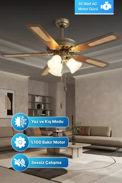 Reyo Lodos Ahşap 132cm İpli Bakır Motor 3 Lambalı Tavan Vantilatörü Ahşap ürün görseli 1