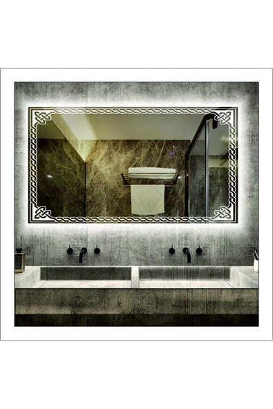 GLOBAL LED MIRROR 80x100 Cm Beyaz Ledli Tasarım Kumlamalı Banyo Aynası Makyaj Aynası Işıklı Ayna ürün görseli 1
