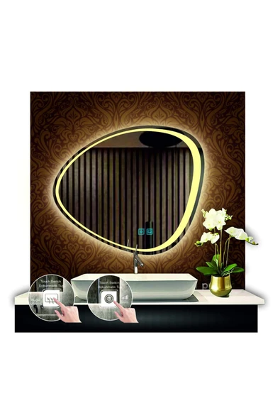 GLOBAL LED MIRROR 80 Cm Çapında Buğu Çözücülü Dokunmatik Ledli Kumlamalı Asimetrik Banyo Aynası Dekoratif Ledli Işıklı ürün görseli 1