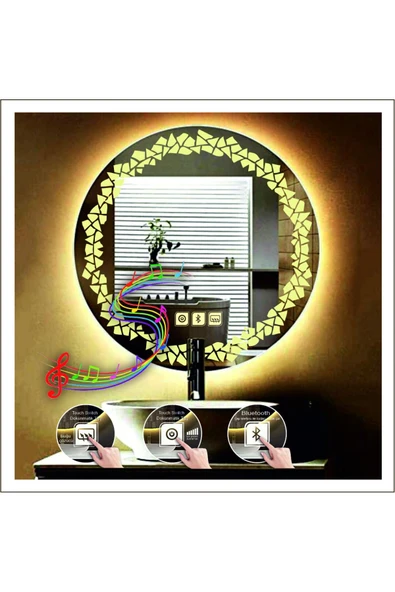 GLOBAL LED MIRROR 50 Cm Günışığı Ledli Tasarım Kumlamalı Dokunmatik Bluetoothlu Buğu Önleyicili Makyaj Banyo Aynası ürün görseli 1