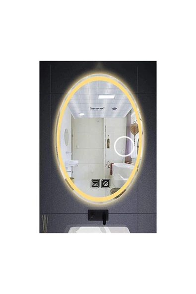 GLOBAL LED MIRROR 55x75 Cm Makyaj Aynalı Dokunmatik Tuşlu Buğu Yapmayan Ledli Elips Banyo Aynası ürün görseli 1