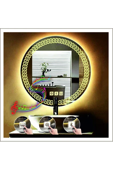 GLOBAL LED MIRROR 50 Cm Günışığı Ledli Tasarım Kumlamalı Dokunmatik Bluetoothlu Buğu Önleyicili Makyaj Banyo Aynası ürün görseli 1