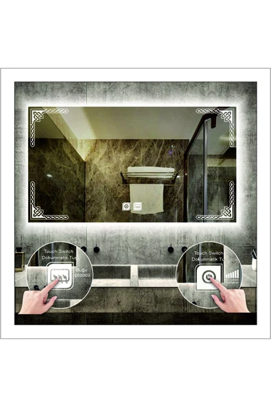 GLOBAL LED MIRROR 50x70 Cm Beyaz Ledli Tasarım Kumlamalı Dokunmatik Tuşlu Buğu Önleyicili Banyo Aynası Makyaj Aynası ürün görseli 1