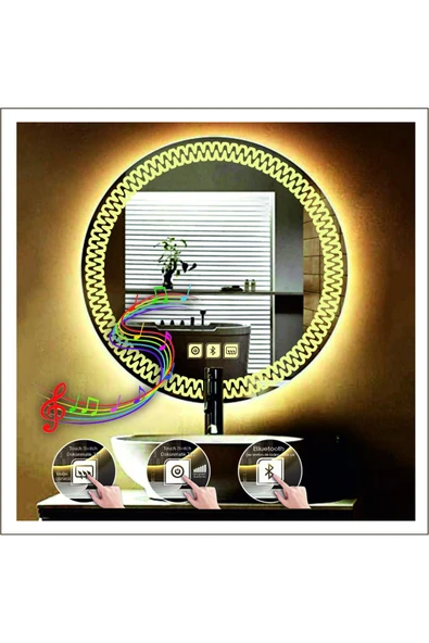 GLOBAL LED MIRROR 70 Cm Günışığı Ledli Tasarım Kumlamalı Dokunmatik Bluetoothlu Buğu Önleyicili Makyaj Banyo Aynası ürün görseli 1