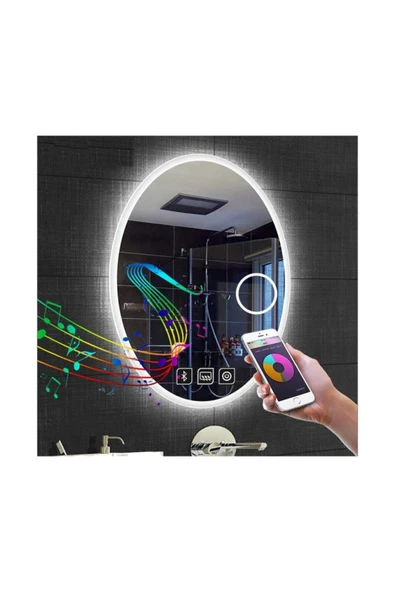 GLOBAL LED MIRROR 50x70 Cm Bluetoothlu Makyaj Aynalı Buğu Yapmayan Ledli Elips Banyo Aynası ürün görseli 1