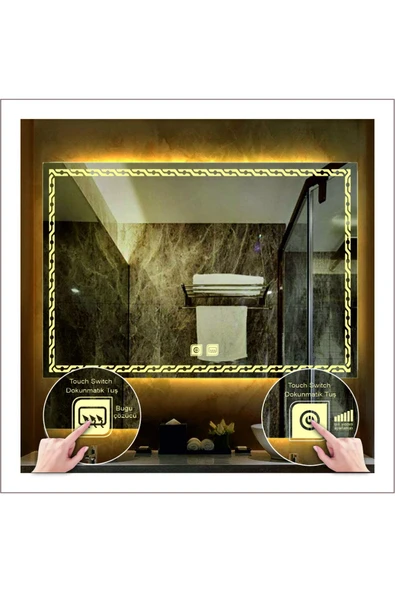 GLOBAL LED MIRROR 50x70 Cm Günışığı Ledli Tasarım Kumlamalı Dokunmatik Tuşlu Buğu Önleyicili Banyo Aynası ürün görseli 1