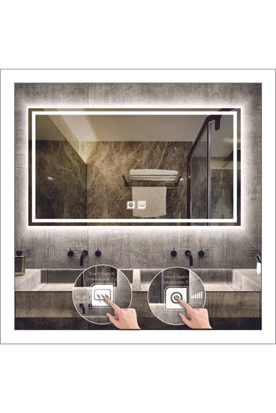 GLOBAL LED MIRROR 70x90 Cm Dokunmatik Tuşlu Buğu Önleyicili Beyaz Ledli Tasarım Kumlamalı Banyo Aynası Makyaj Aynası ürün görseli 1