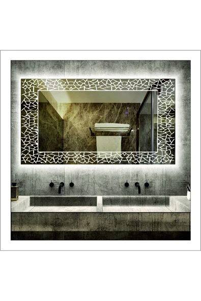 GLOBAL LED MIRROR 70x90 Cm Beyaz Ledli Tasarım Kumlamalı Banyo Aynası Makyaj Aynası Işıklı Ayna ürün görseli 1