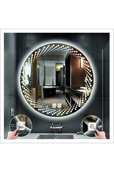 GLOBAL LED MIRROR 90 Cm Beyaz Ledli Tasarım Kumlamalı Dokunmatik Tuşlu Buğu Önleyicili Banyo Aynası Makyaj Aynası ürün görseli 1