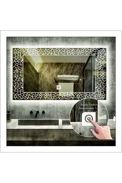 GLOBAL LED MIRROR 50x70 Cm Beyaz Ledli Tasarım Kumlamalı Dokunmatik Tuşlu Banyo Aynası Makyaj Aynası Işıklı Ayna ürün görseli 1