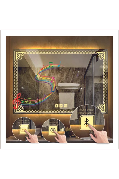 GLOBAL LED MIRROR 75x105 Cm Günışığı Ledli Tasarım Kumlamalı Dokunmatik Bluetoothlu Buğu Önleyicili Banyo Aynası ürün görseli 1