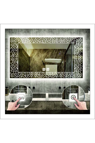GLOBAL LED MIRROR 65x90 Cm Beyaz Ledli Tasarım Kumlamalı Dokunmatik Tuşlu Buğu Önleyicili Banyo Aynası Makyaj Aynası ürün görseli 1