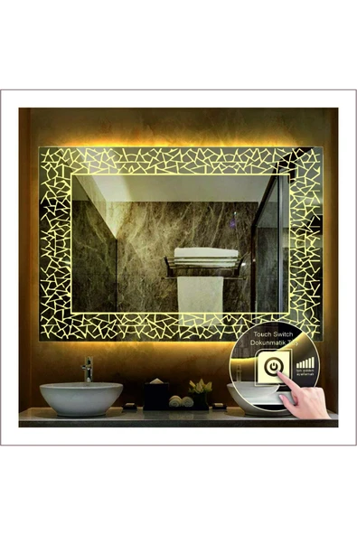 GLOBAL LED MIRROR 75x105 Cm Günışığı Ledli Tasarım Kumlamalı Dokunmatik Tuşlu Banyo Aynası Makyaj Aynası Işıklı Ayna ürün görseli 1
