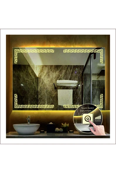GLOBAL LED MIRROR 70x90 Cm Günışığı Ledli Tasarım Kumlamalı Dokunmatik Tuşlu Banyo Aynası Makyaj Aynası Işıklı Ayna ürün görseli 1