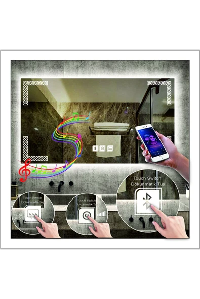 GLOBAL LED MIRROR 60x80 Cm Beyaz Ledli Tasarım Kumlamalı Dokunmatik Bluetoothlu Buğu Önleyicili Makyaj Banyo Aynası ürün görseli 1