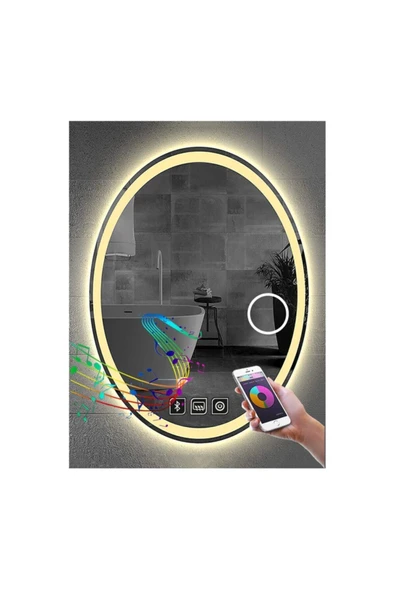 GLOBAL LED MIRROR 73x93 Cm Bluetoothlu Makyaj Aynalı Buğu Yapmayan Ledli Elips Banyo Aynası ürün görseli 1