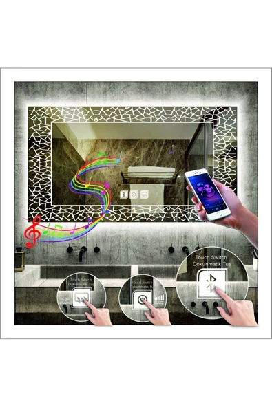 GLOBAL LED MIRROR 50x70 Cm Beyaz Ledli Tasarım Kumlamalı Dokunmatik Bluetoothlu Buğu Önleyicili Makyaj Banyo Aynası ürün görseli 1