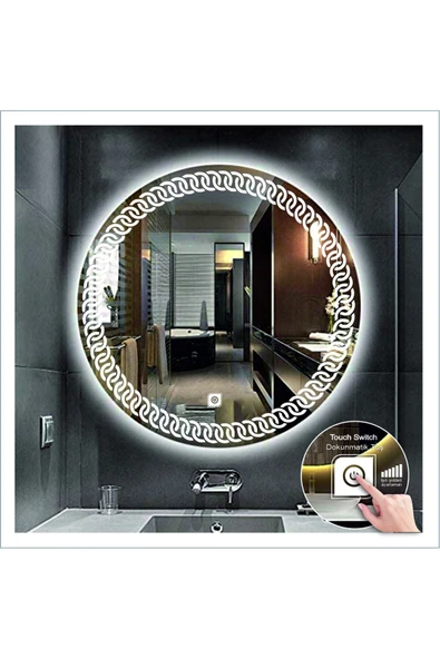 GLOBAL LED MIRROR 55 Cm Beyaz Ledli Tasarım Kumlamalı Dokunmatik Tuşlu Banyo Aynası Makyaj Aynası Işıklı Ayna ürün görseli 1