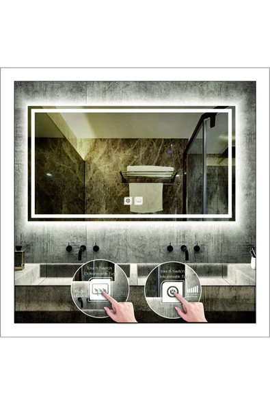 GLOBAL LED MIRROR 70x100 Cm Beyaz Ledli Tasarım Kumlamalı Dokunmatik Tuşlu Buğu Önleyicili Banyo Aynası Makyaj Aynası ürün görseli 1
