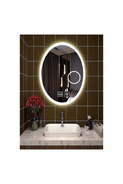 GLOBAL LED MIRROR 65x85 Cm Makyaj Aynalı Dokunmatik Tuşlu Buğu Yapmayan Ledli Elips Banyo Aynası ürün görseli 1